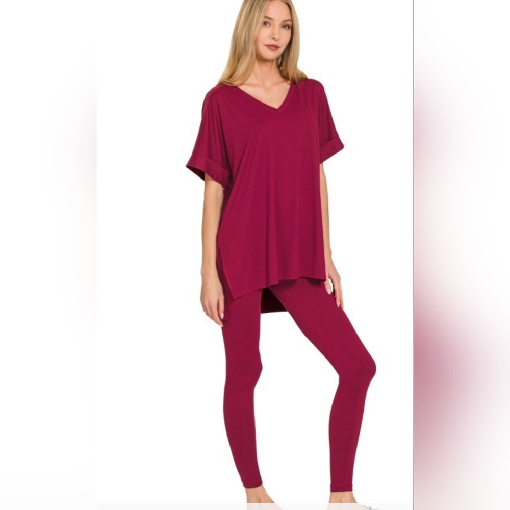 Zenana Outfitters Wine V-Neck Top and Leggings Set